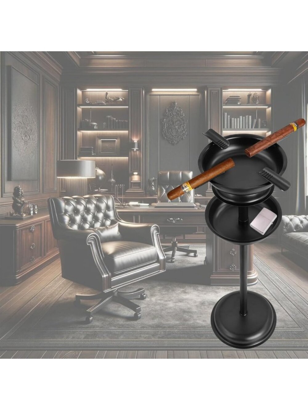 Sleek Black Stainless Steel Floor Ashtray with Accessory Tray for Cigars